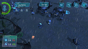 Boom Bits Game Large Image: Rainy Beach Game Level With Two Huge Robots Attacking Small Robot