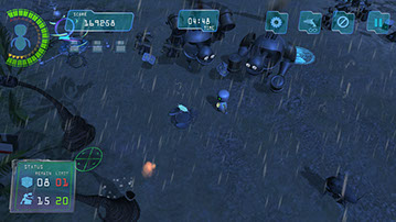 Boom Bits Game Large Image: Rainy Beach Game Level With Two Huge Robots Attacking Small Robot