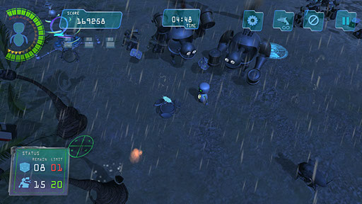 Boom Bits Game Large Image: Rainy Beach Game Level With Two Huge Robots Attacking Small Robot
