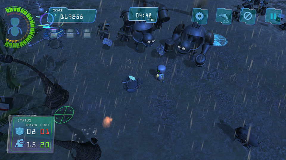 Boom Bits Game Large Image: Rainy Beach Game Level With Two Huge Robots Attacking Small Robot