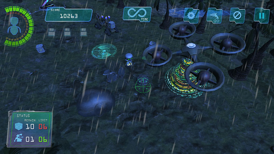 Boom Bits Game Large Image: Rainy Game Level with Drone