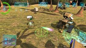 Boom Bits Game Large Image: Jungle Game Level Close Up with Metal Robot.